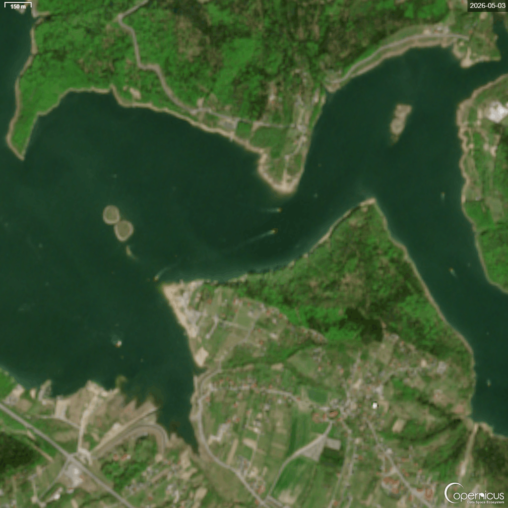 Animacja obrazów satelitarnych Copernicus: okolice Ptasich Wysp i Mucharza, zmiany zasięgu wody w 2026 roku
