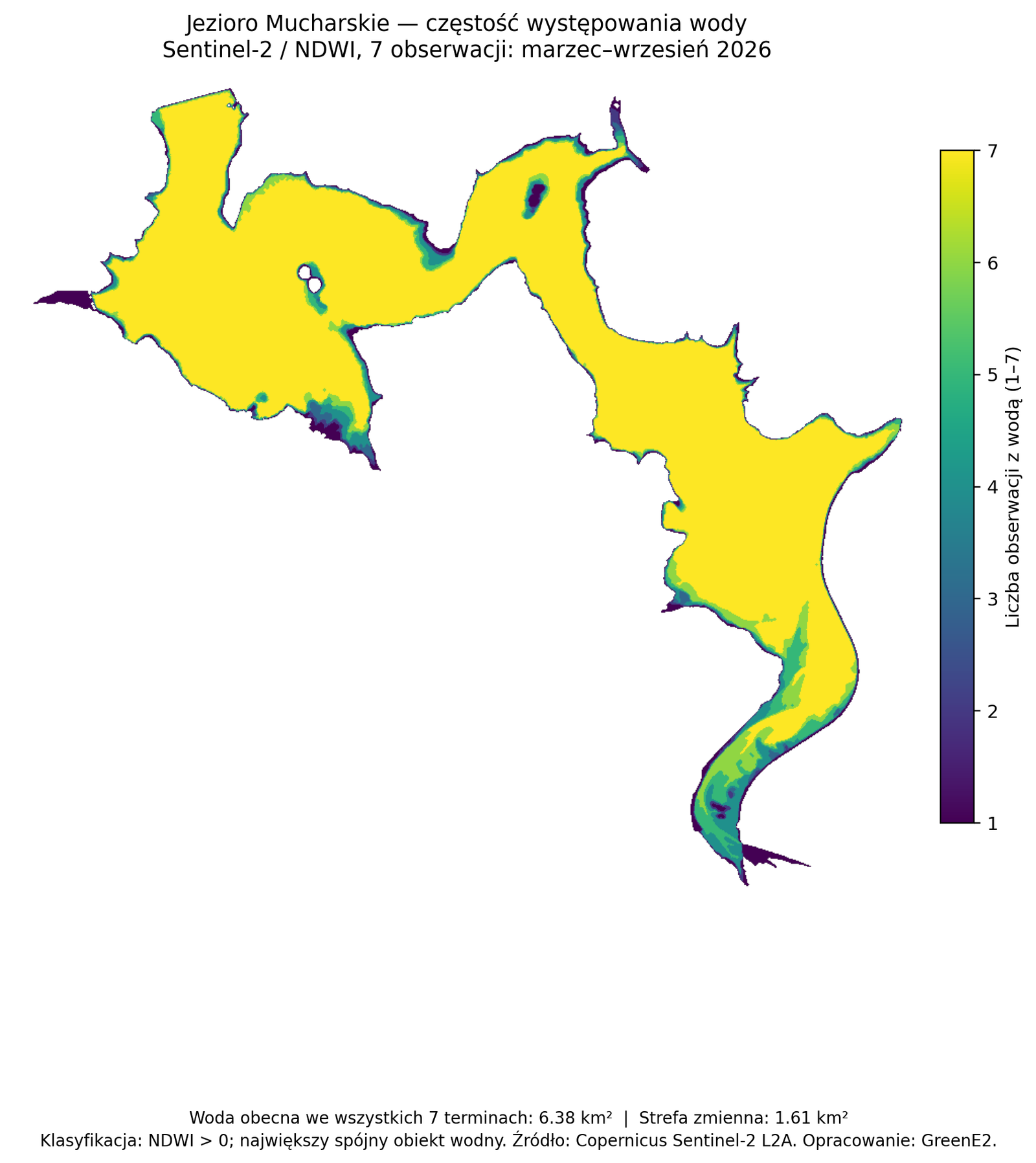 Mapa częstości występowania wody na Jeziorze Mucharskim na podstawie siedmiu zobrazowań Sentinel-2 od marca do września 2026 roku