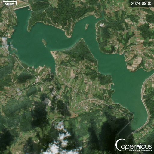 Animacja zobrazowań satelitarnych Sentinel-2 Jeziora Mucharskiego w barwach naturalnych